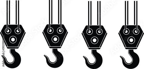 Crane hook mechanism, industrial lifting tool, pulley system, construction equipment, mechanical component, black silhouette, vector icon, heavy load, cable tension, engineering design