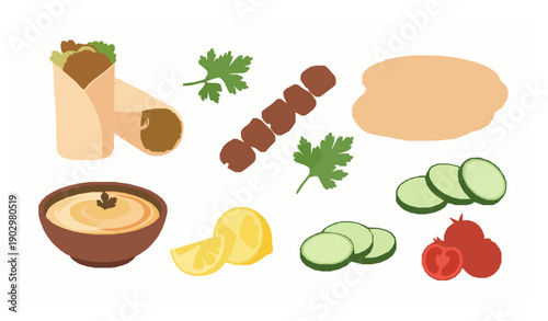 Flat design Middle Eastern and Mediterranean food icons with falafel kebab pita and hummus on white