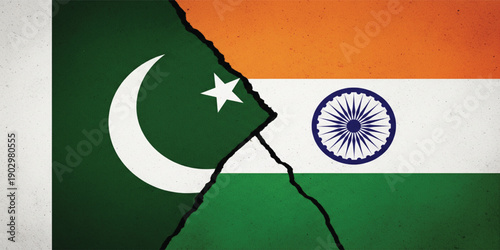 India vs Pakistan Conflict Concept Illustration with Split National Flags, Political Tension, Geopolitics, Border Dispute and Rivalry Background