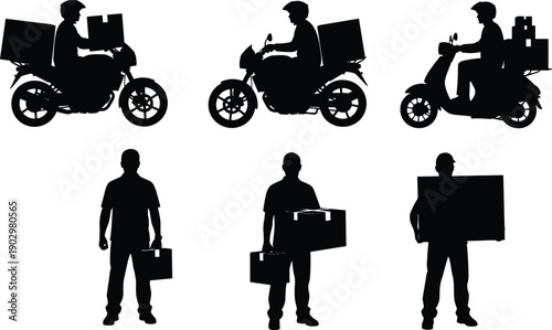 Delivery service silhouettes, courier on scooter, package handling, black figures, logistics workers, white background, transport method, parcel carrier, shipping task, urban delivery