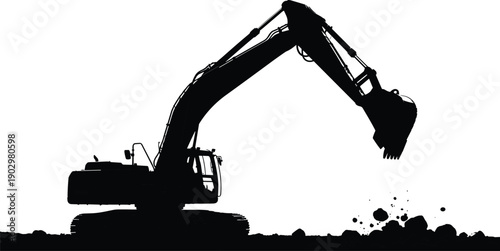 Excavator silhouette in action, construction equipment, digging machine, black icon, earthmoving scene, hydraulic arm, soil scoop, industrial site illustration