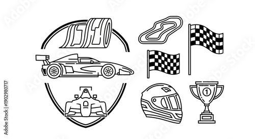 Detailed racing illustration set featuring a formula car inside a circular badge, winding tracks, checkered flags, and a #1 trophy. Professional assets for racing events.