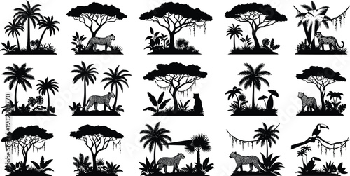 Detailed Safari Jungle Silhouette Landscapes with Leopards Palm Trees and Toucans Isolated on White Background for Tropical Wildlife Nature Design