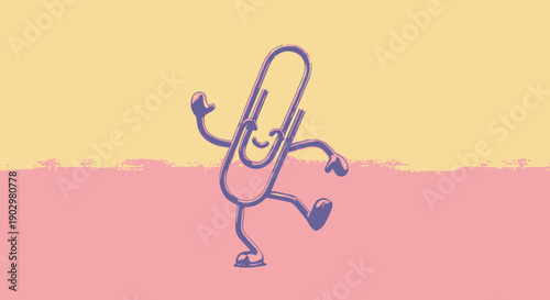 Playful purple paperclip character dancing happily on a vibrant yellow and pink grunge background