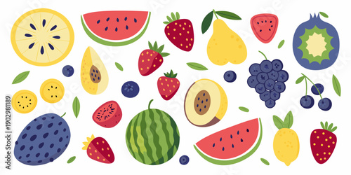 A colorful assortment of various sliced and whole fruits on a white background