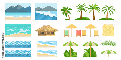 Colorful tropical beach scene with various elements and island motifs