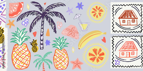 A colorful playful illustration featuring tropical fruits plants and beach elements