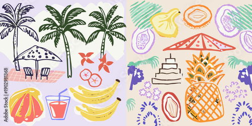 Tropical fruits palm trees and beach accessories in a colorful illustration