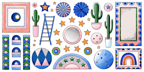Photos Colorful southwestern themed illustrations including cacti stars and geometric s