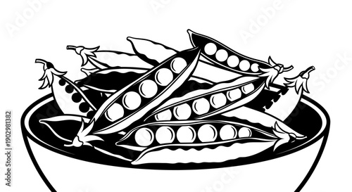 Fresh peas pods overflow from a large bowl on the kitchen table indoors.