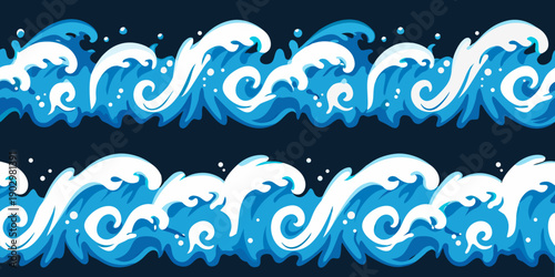 Stylized ocean waves forming a repeating pattern on a dark blue background
