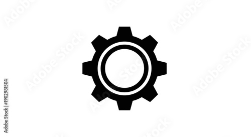 A black gear icon with a white inner circle is centered on a plain white background