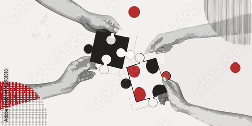 Hands connecting puzzle pieces with red circles in a graphic design