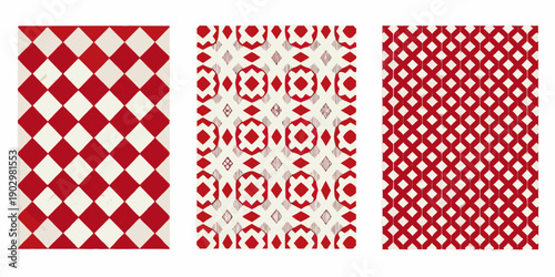 Three vertically arranged red and white patterned textile samples