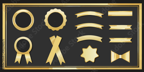 A collection of golden award ribbons frames and decorative elements