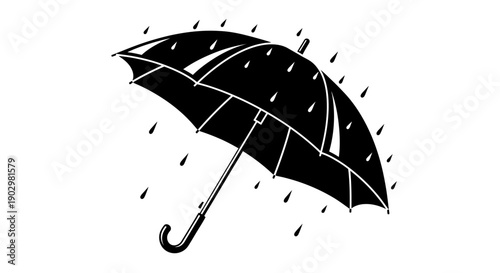 Black umbrella illustration with raindrops on a white background viewed from a slight angle