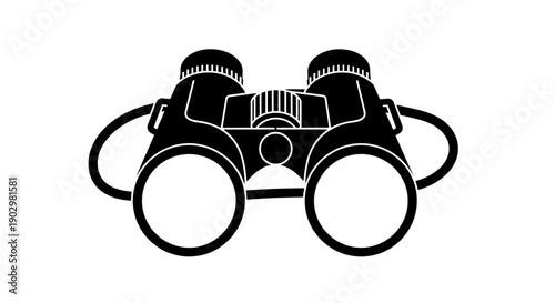 A pair of binoculars viewed from the front, showcasing its lenses and strap, in a simple graphic illustration style