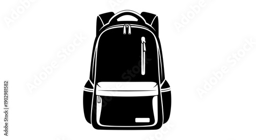 A black and white illustration of a backpack with multiple pockets and straps on a plain background from a front viewpoint.