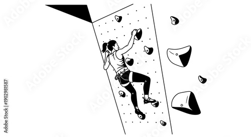 Woman rock climbing on an indoor climbing wall with various holds and a challenging ascent
