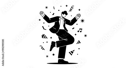 Man in suit dancing with dynamic movement surrounded by music notes and stars in a lively illustration