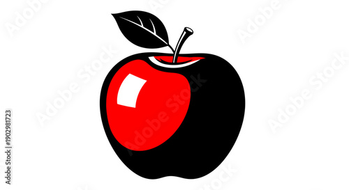 A vibrant red apple with a glossy finish and a single leaf, illustrated in a modern graphic style