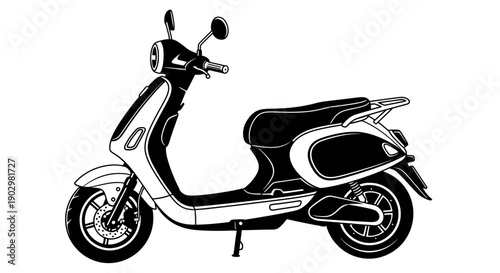 A sleek scooter parked on a clean street, viewed from the side, showcasing its modern design and features in a simple illustration