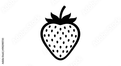 A simple black and white illustration of a ripe strawberry with seeds and leaves from a straightforward viewpoint.