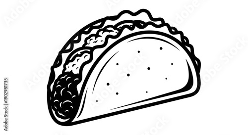 An illustrated taco filled with seasoned meat and toppings viewed from the side in a simple graphic style