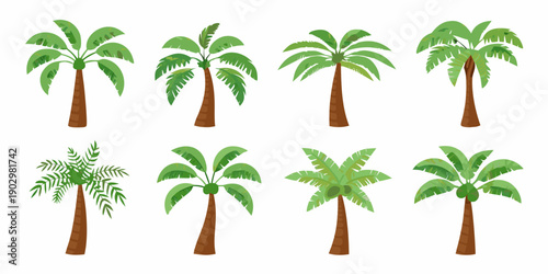 Collection of colorful cartoon palm trees in various shapes and sizes