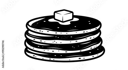 A stack of pancakes topped with butter on a white background, viewed directly from the front.
