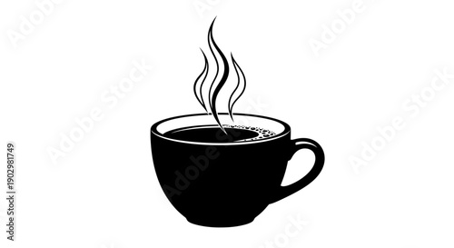 A steaming cup of coffee is illustrated in black on a plain background from a straightforward viewpoint
