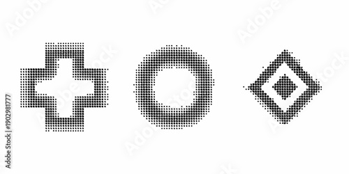 Abstract geometric patterns plus circle and diamond shapes in halftone