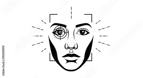 A stylized illustration of a human face with one eye focused and the other abstract, viewed from the front