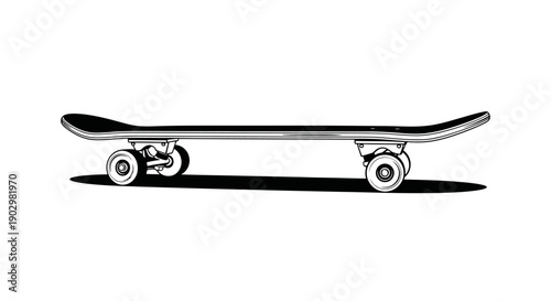 A skateboard viewed from the side on a white background casting a shadow.