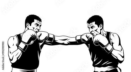 Two boxers engaging in a fierce boxing match, punching each other, illustration, intense sports action, close-up viewpoint