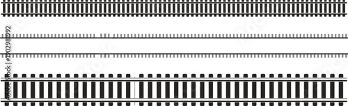 High quality set of seamless railway track silhouettes and train rail road vector icons isolated on white background for design elements
