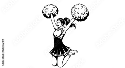 A young female cheerleader jumps high with pom-poms in a dynamic pose, vector illustration