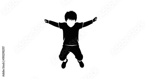 Young boy jumping with outstretched arms in a joyful silhouette illustration from a front viewpoint