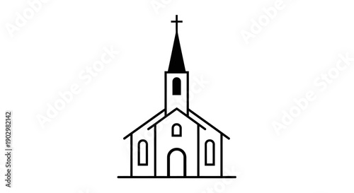 A simple line drawing of a church with a steeple and cross on top viewed from the front