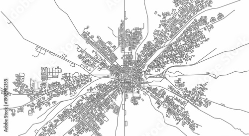 Aerial view of a sprawling cityscape with roads and buildings radiating from the center in a detailed illustration