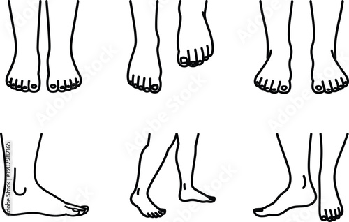 Human feet and legs line art vector icons set including front and side view illustrations for anatomy and health design