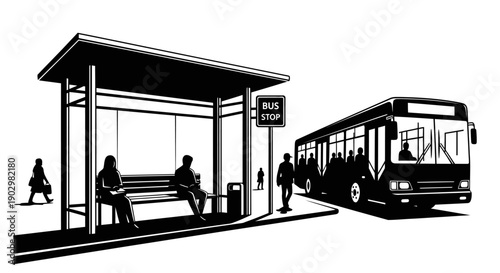 People waiting at a bus stop shelter with a bus pulling up to the station on a public transportation route