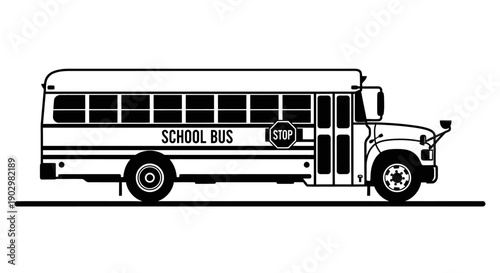 A black and white illustration of a school bus viewed from the side on a flat surface