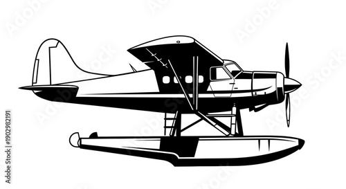 Vintage seaplane illustration on water with propeller rotating, viewed from side