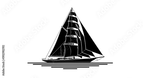 A majestic sailboat glides across calm waters, its triangular sails billowing in the wind from a side viewpoint.