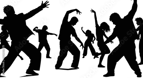 Group of people dancing together in a lively energetic performance with dynamic poses