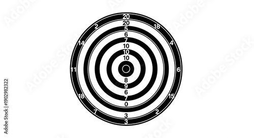 A black and white dartboard with numbered sections and a bullseye viewed directly from the front