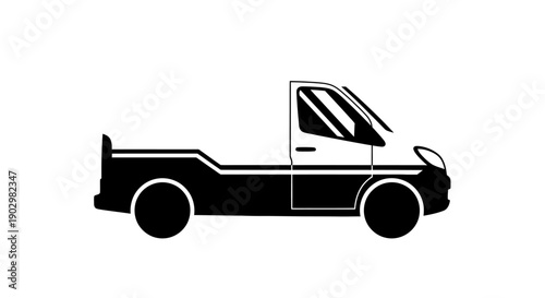 Simple black and white illustration of a pickup truck viewed from the side on a clean background