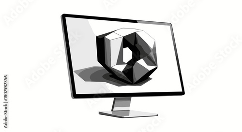 Modern computer monitor displaying a 3D geometric shape on its screen, viewed from the front