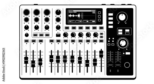 A sound mixing console with multiple knobs and faders is viewed directly from the front in a studio environment.